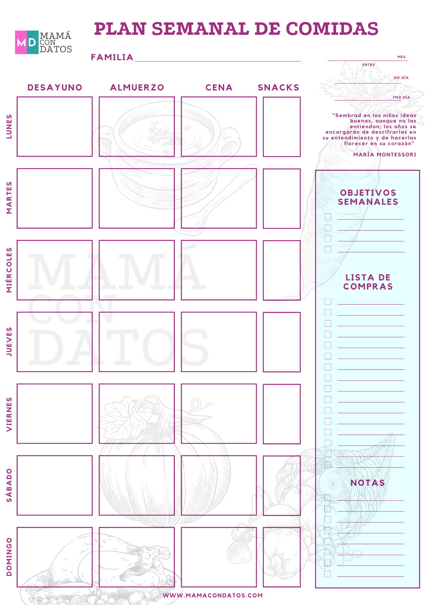 Planeador semanal de Comidas de Mamá con Datos